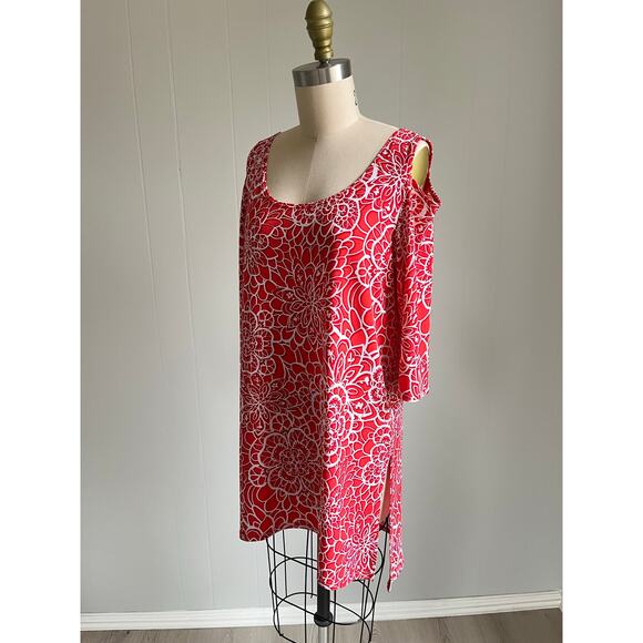 Clara Sunwoo Pink Stretchy Cold Shoulder Tunic Top XS Floral Geometric Long Line - Picture 6 of 16